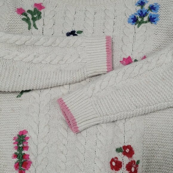 Boden Beige Wool Cotton Blend Embroidered Flowers Cable Knit Sweater Girls 6-7Y - Picture 9 of 12